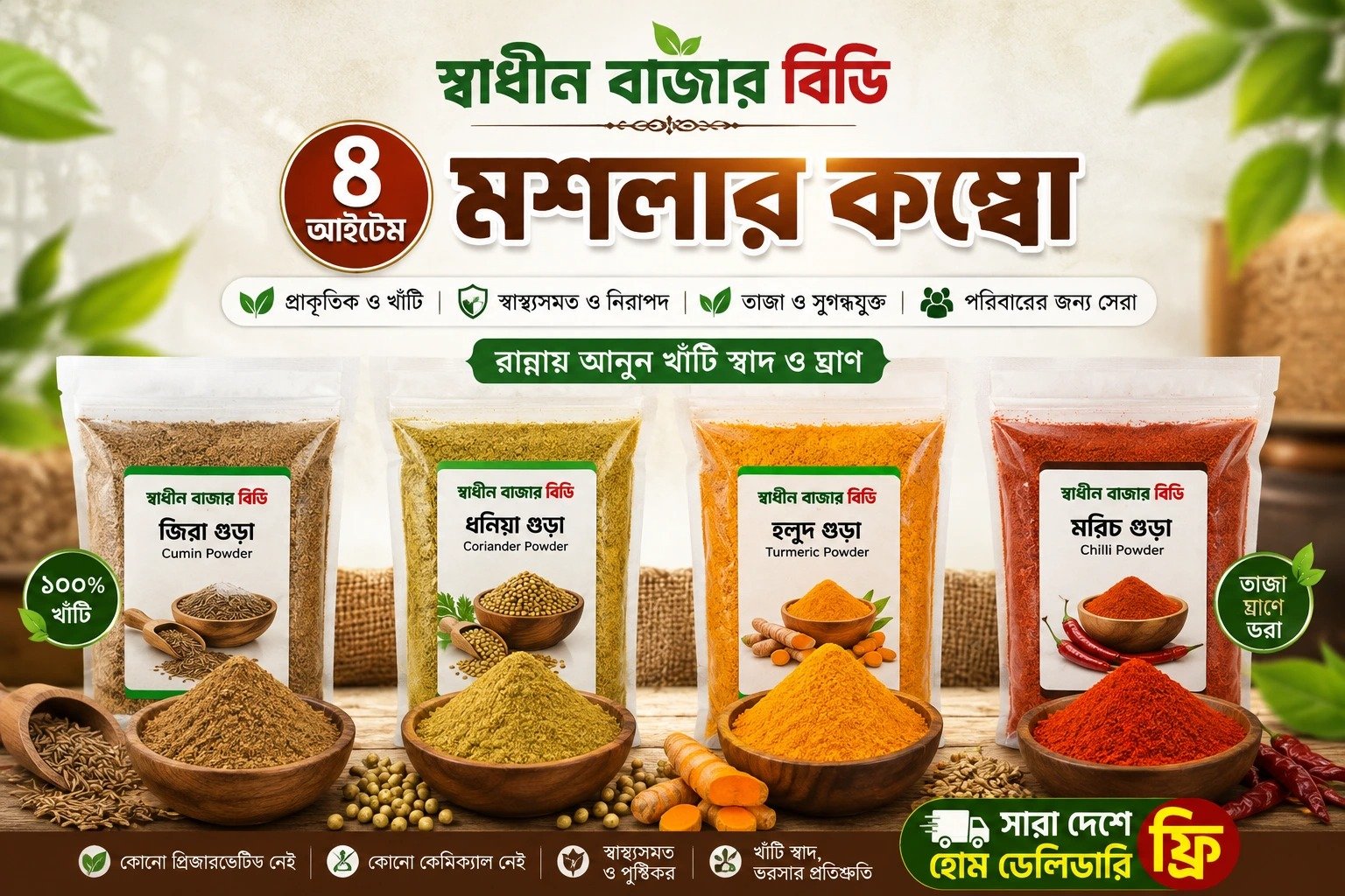 ৪ আইটেম মসলার কম্বো | খাঁটি ও প্রাকৃতিক মসলার সমাহার
